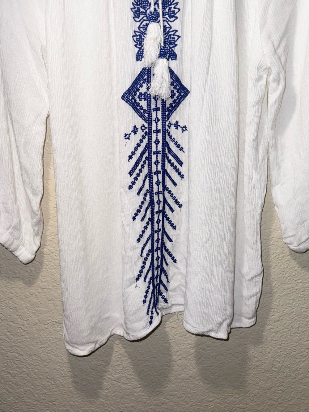 Ultra Pink L White Embroidered Boho Peasant Blouse Tassel Sheer Top - Picture 4 of 13